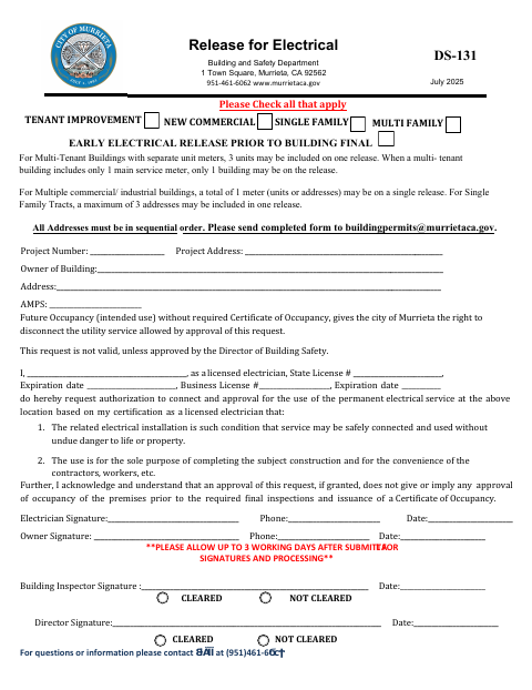 First page of the Release for Electrical
