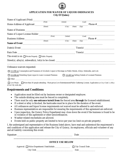 First page of the Application for Waiver of Liquor Ordinances