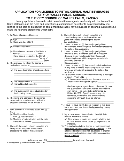 First page of the Application for License to Retail Cereal Malt Beverages