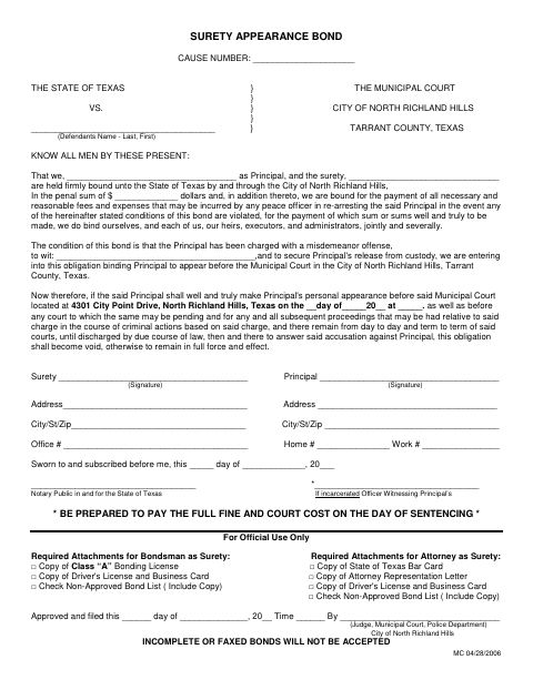 First page of the Surety Appearance Bond