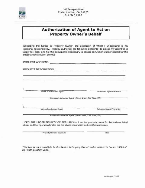 First page of the Owner Agent Authorization Form