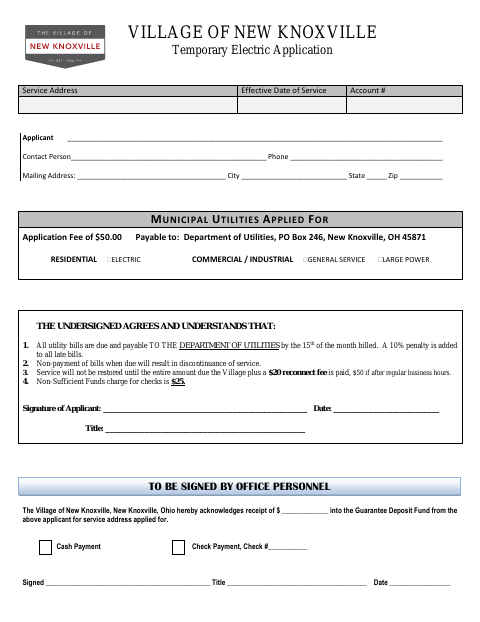 First page of the Temporary Electric Application