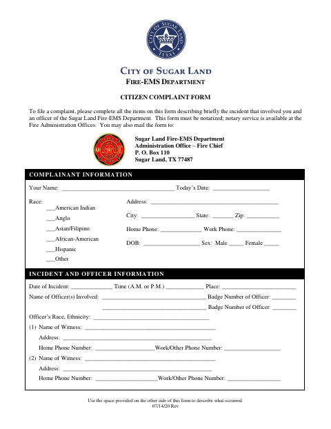 First page of the Fire-EMS Department Citizen Complaint Form