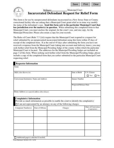 First page of the Municipal Court Incarcerated Defendant Request for Relief Form