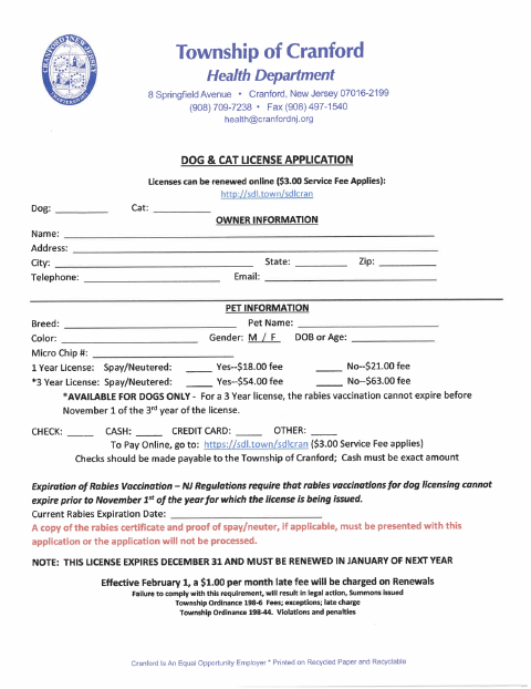 First page of the Dog and Cat License Application