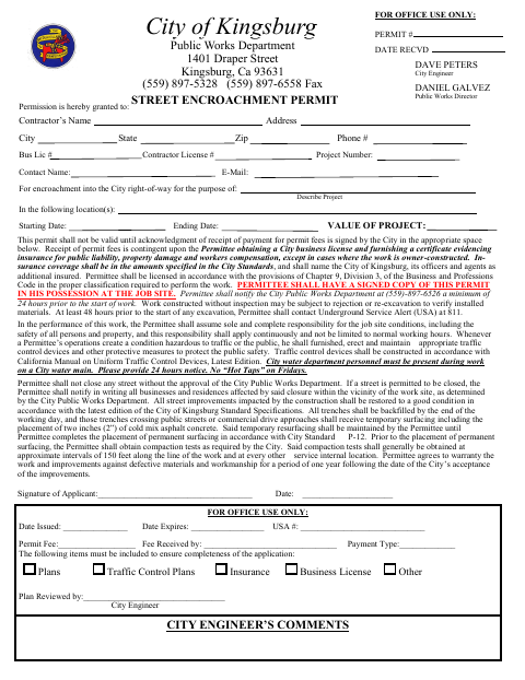 First page of the Street Encroachment Permit