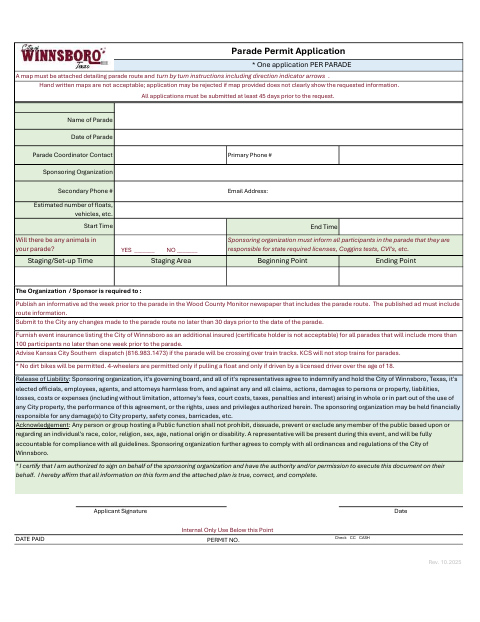 First page of the Parade Permit Application