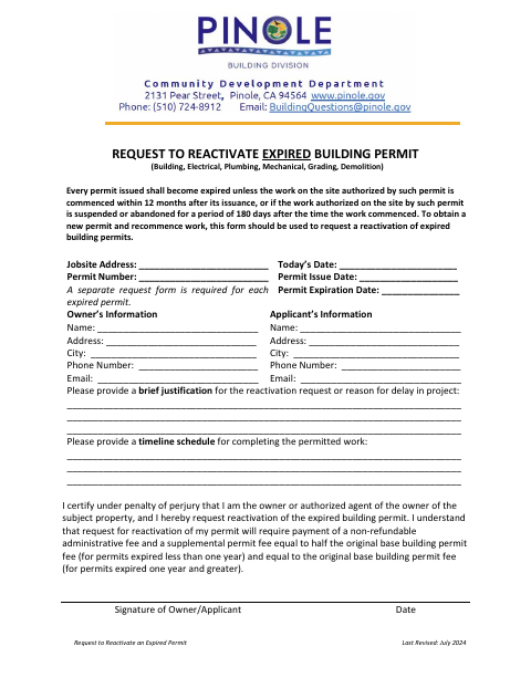 First page of the Request to Reactivate an Expired Building Permit