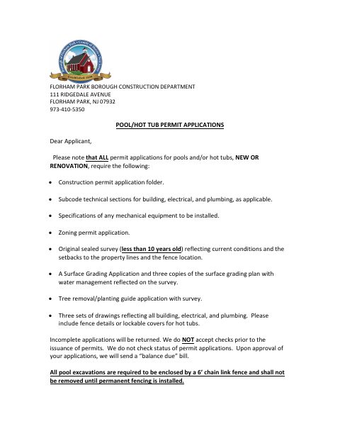 First page of the Pool and Hot Tub Permit Applications