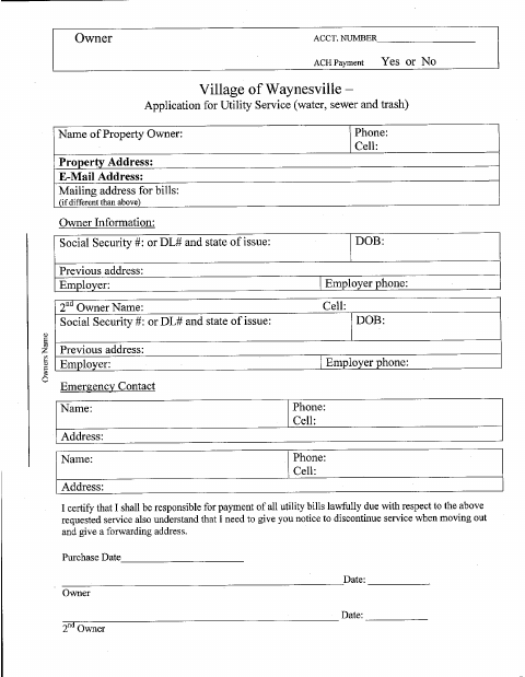 First page of the Owner Utility Service Application