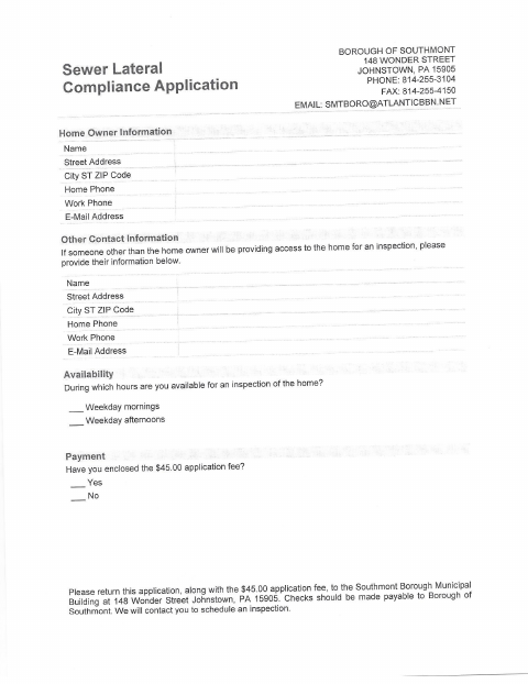 First page of the Sanitary Sewer Compliance Application