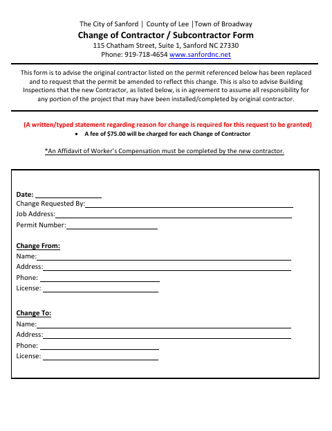 First page of the Change of Contractor / Subcontractor Form