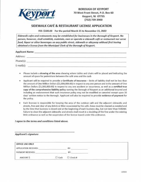 First page of the Sidewalk Cafe and Restaurant License Application
