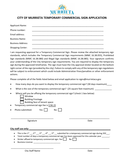 First page of the Temporary Commercial Sign Application