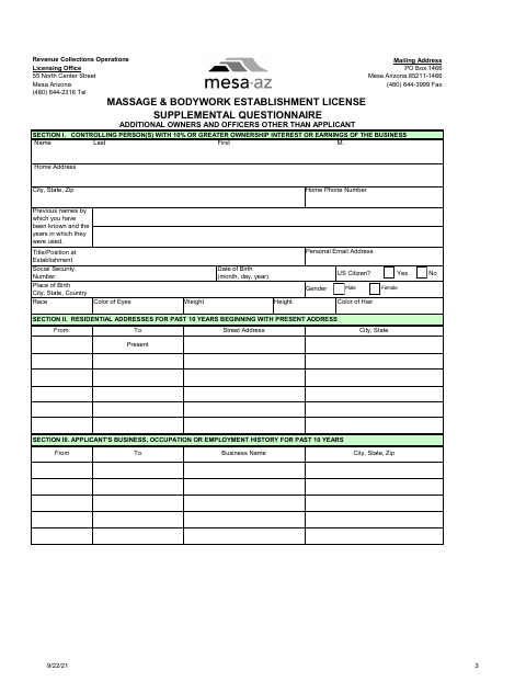First page of the Massage & Bodywork Establishment License Supplemental Questionnaire