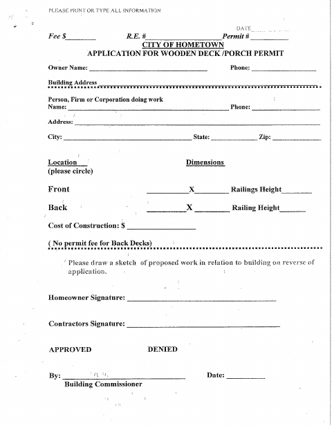 First page of the Wooden Deck or Porch Permit Application