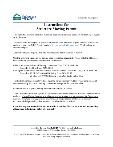 First page of the Structure Moving Permit Submittal Checklist