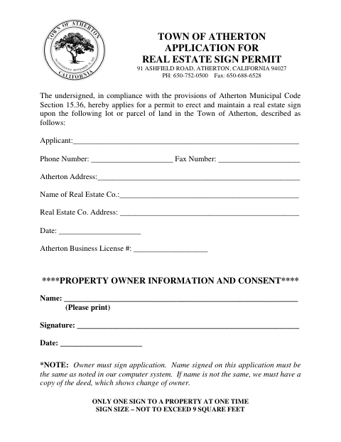 First page of the Real Estate Sign Permit Application
