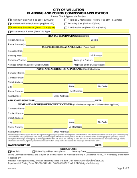 First page of the Planning and Zoning Commission Application