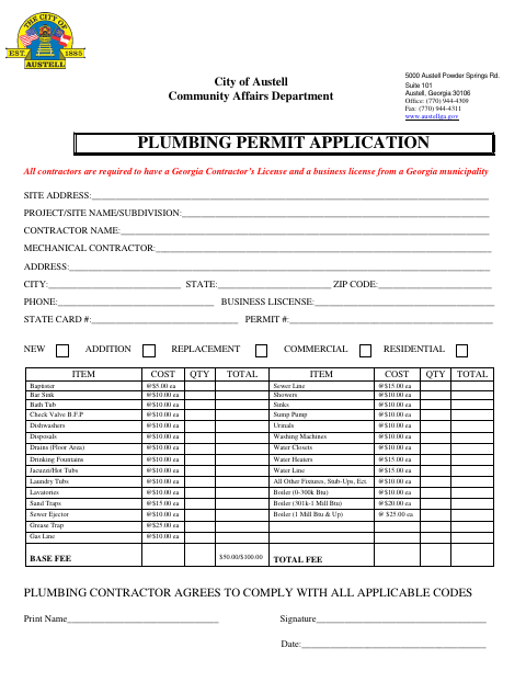 First page of the Plumbing Permit Application