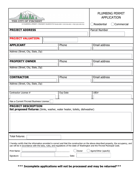 First page of the Plumbing Permit Application