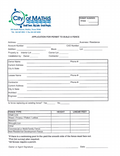 First page of the Fence Permit Application