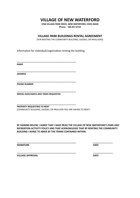 First page of the Village Park Buildings Rental Agreement