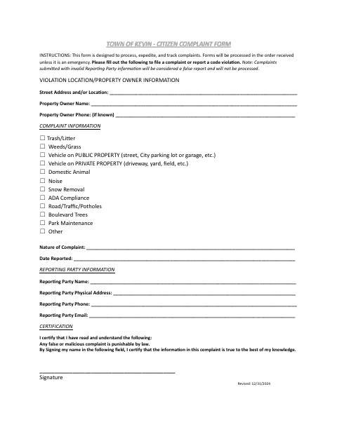 First page of the Citizen Complaint Form