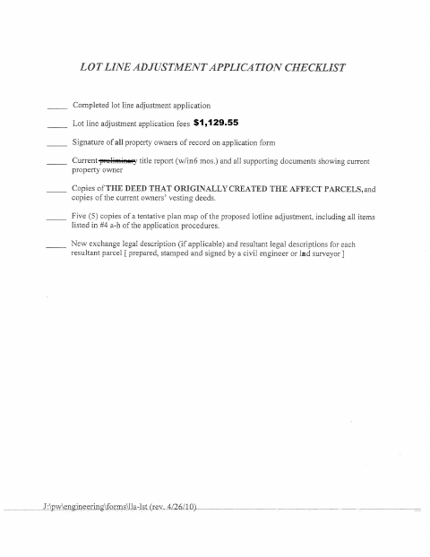 First page of the Lot Line Adjustment Application