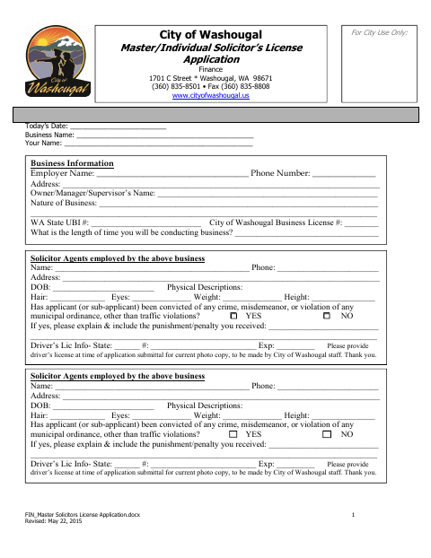 First page of the Master/Individual Solicitor’s License Application