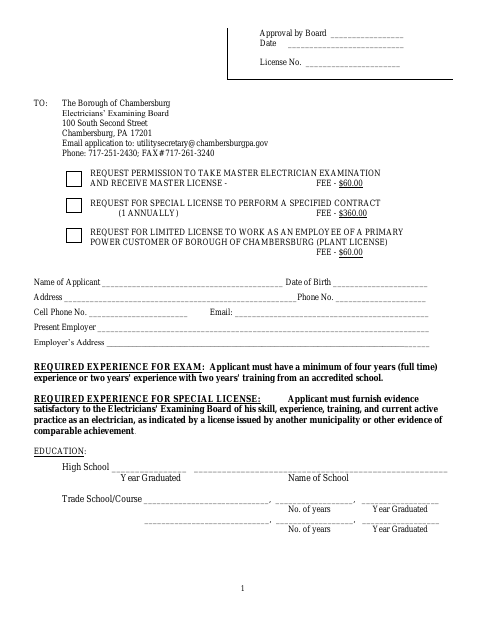 First page of the Electricians Examining Board Application