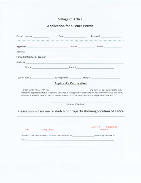 First page of the Fence Permit Application