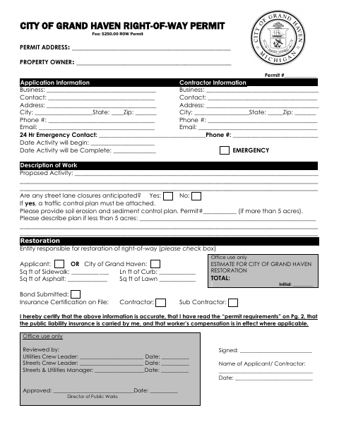 First page of the Right of Way Permit Application
