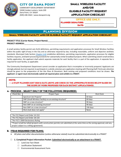 First page of the Small Wireless Facility and Eligible Facility Request Application Checklist