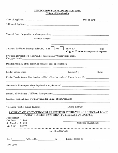 First page of the Peddler’s License Application