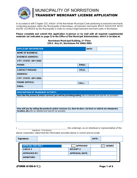 First page of the Transient Merchant License Application