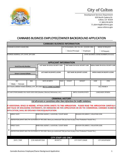 First page of the Cannabis Business Employee/Owner Background Application