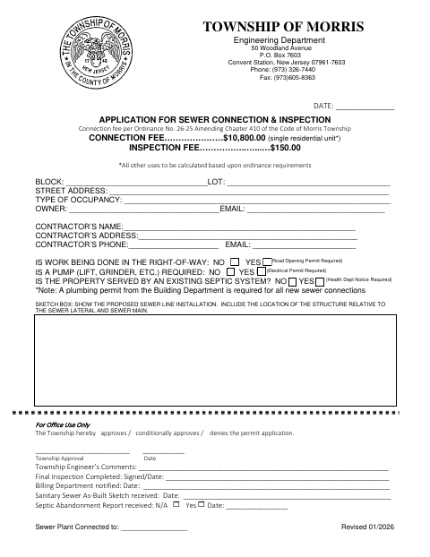 First page of the Application for Sewer Connection and Inspection