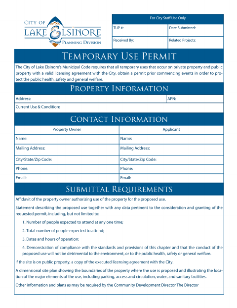 First page of the Temporary Use Permit Application
