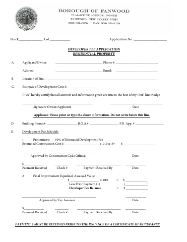 First page of the Developer Fee Application Residential Property