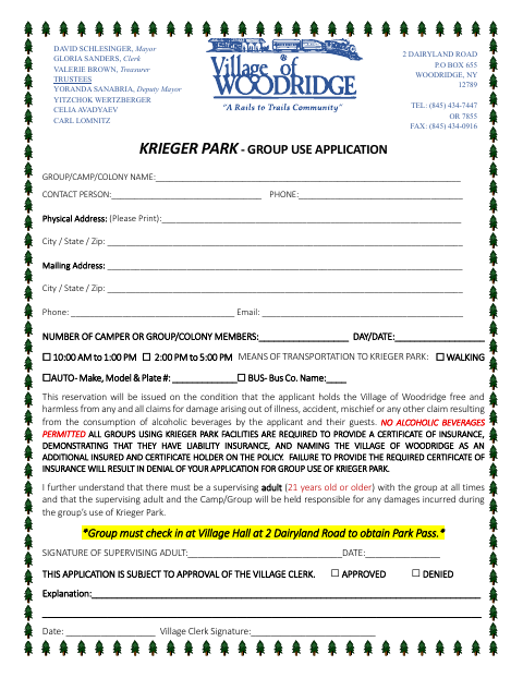 First page of the Krieger Park Group Use Application