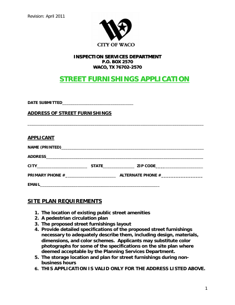 First page of the Street Furnishings Application