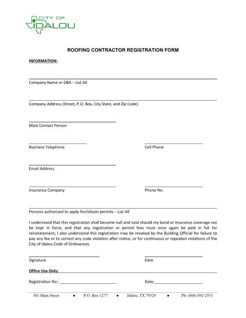 First page of the Roofing Contractor Registration Form