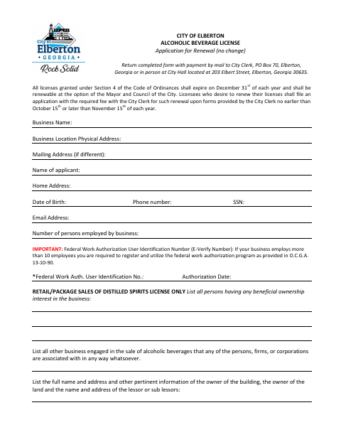 First page of the Alcoholic Beverage License Application for Renewal
