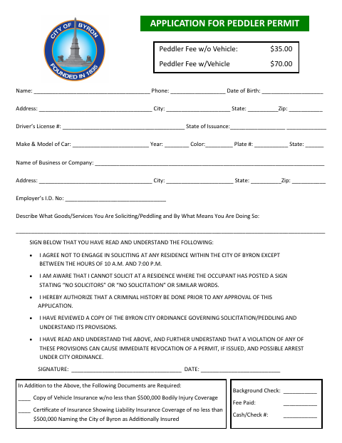 First page of the Peddler Permit Application