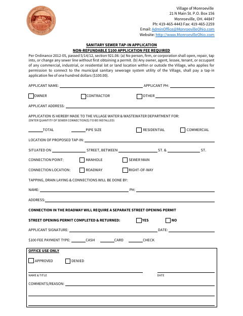 First page of the Sanitary Sewer Tap-In Application