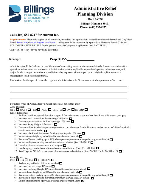 First page of the Administrative Relief Application