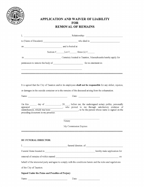 First page of the Application and Waiver of Liability for Removal of Remains