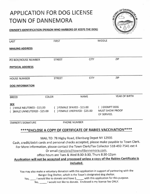 First page of the Application for Dog License
