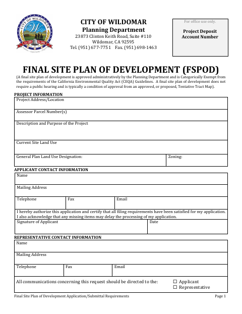 First page of the Final Site Plan of Development Application